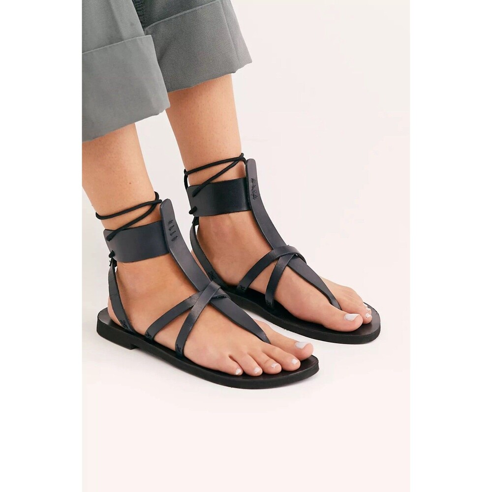 FREE PEOPLE Vacation Day Wrap Gladiator Leather Sandals Black Sz  8 / 38.5